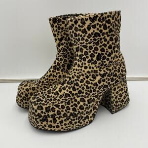 Vtg Plats Leopard Plush Platform Super Chucky Ankle Boots Size 10 Disco Funky